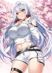 Rule 34 | 1girl, bad id, bad twitter id, bandaged hand, bandages, belt, breasts, bright pupils, cherry blossoms, closers, clothing cutout, controlline3, cowboy shot, crop top, grin, hands on own chest, hands up, highres, hood, hood down, large breasts, long hair, long sleeves, looking at viewer, midriff, mirae (closers), navel, red eyes, shirt, short shorts, shorts, shoulder cutout, smile, solo, standing, stomach, thigh strap, thighs, very long hair, white hair, white shirt, white shorts