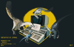 Rule 34 | absurdres, animal focus, blank eyes, computer, dinosaur, english text, feathers, from side, full body, grey background, highres, ibm, lanyard, nightcrow, no humans, open mouth, original, outline, standing, talons, two-tone background, velociraptor, yellow eyes, yellow outline