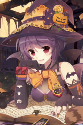 Rule 34 | 1girl, book, breasts, bug, candy, fingerless gloves, food, gloves, hat, jack-o&#039;-lantern, lollipop, lowres, nail polish, pumpkin, purple hair, red eyes, rednian, rion flina, solo, spider, sword girls, wings, witch hat