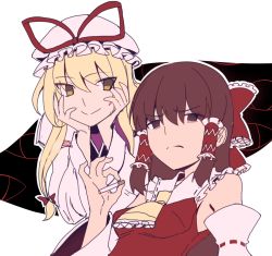 Rule 34 | 2girls, absurdres, bags under eyes, blonde hair, boa (brianoa), bow, brown eyes, brown hair, cigarette, closed mouth, detached sleeves, furrowed brow, gap (touhou), hair bow, hair tubes, hakurei reimu, hands on own face, hat, highres, holding, holding cigarette, long sleeves, looking at another, multiple girls, neckerchief, mob cap, red bow, red ribbon, ribbon, smile, touhou, wide sleeves, yakumo yukari, yellow eyes, yellow neckerchief