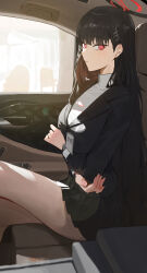 Rule 34 | 1girl, absurdres, black hair, black skirt, blazer, blue archive, blush, car, car interior, closed mouth, commentary request, crossed arms, hair ornament, hairclip, halo, highres, jacket, kji (rozo), long hair, looking at viewer, motor vehicle, red eyes, red halo, rio (blue archive), sitting, skirt, solo, sweater, thighs, turtleneck, white sweater