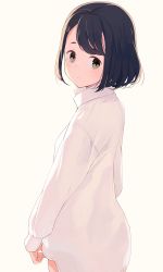 Rule 34 | 1girl, beige background, black hair, blush, green eyes, highres, hiroki (yyqw7151), long sleeves, looking at viewer, original, parted bangs, parted lips, shirt, short hair, simple background, solo, white shirt