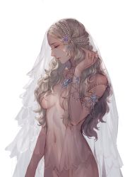 Rule 34 | 1girl, absurdres, blonde hair, blue eyes, breasts, hair censor, hair over breasts, highres, jewelry, kazari tayu, long hair, lots of jewelry, navel, necklace, nude, original, ring, simple background, solo, tears, veil, white background