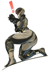 Rule 34 | !, 1girl, ass, bodysuit, breasts, bullpup, exclamation mark, female soldier, frogs (metal gear), frogs (mgs), gas mask, gun, haven trooper, helmet, highres, holding, holding gun, holding weapon, huge ass, impossible bodysuit, impossible clothes, kneeling, mask, metal gear (series), metal gear solid 4: guns of the patriots, military, military uniform, muscular, muscular female, nisetanaka, on one knee, p90, personal defense weapon, red eyes, submachine gun, tactical vest, thick thighs, thighs, toned, uniform, weapon