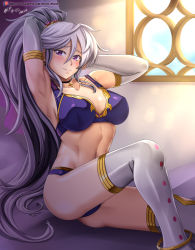 Rule 34 | 1girl, abs, adapted costume, adjusting hair, anklet, armpits, artist name, blush, bra, breasts, choker, cleavage, collarbone, day, earrings, elbow gloves, fire emblem, fire emblem: genealogy of the holy war, gloves, gold trim, hair between eyes, hand in own hair, highres, indoors, ishtar (fire emblem), jewelry, long hair, looking at viewer, medium breasts, midriff, navel, nintendo, panties, patreon username, ponytail, purple bra, purple eyes, purple panties, signature, silver hair, sitting, solo, sunlight, thighhighs, thighs, underwear, vilde loh hocen, watermark, web address, white gloves, white thighhighs, window