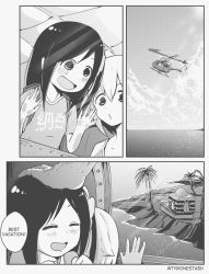 Rule 34 | 1boy, 2girls, against window, aircraft, backpack, bag, bare shoulders, building, closed eyes, cloud, cloudy sky, comic, commentary, english commentary, english text, flower, flying, greyscale, hair flower, hair ornament, headpat, helicopter, highres, hitori bocchi, hitoribocchi no marumaru seikatsu, island, long hair, monochrome, multiple girls, ocean, open mouth, palm tree, real life, real world location, shirt, short hair, sky, smile, speech bubble, sunao nako, t-shirt, tree, tyrone