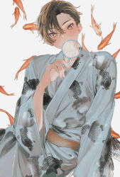 Rule 34 | 1boy, animal print, brown eyes, commentary request, ear piercing, fish, fish print, goldfish, highres, holding, japanese clothes, kimono, light smile, looking at viewer, male focus, mege (megechan), mole, mole under eye, original, piercing, short hair, simple background, smile, solo, tagme, very short hair, white background, yukata