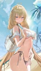 Rule 34 | 1girl, :3, ahoge, bag, bare shoulders, bikini, black bikini, black choker, blonde hair, blue eyes, breasts, choker, cleavage, closed mouth, commission, cowboy shot, day, food, freng, frilled bikini, frills, hair ornament, hairclip, highleg, highleg bikini, highres, holding, large breasts, long hair, looking at viewer, low twintails, mismatched bikini, mole, mole under eye, navel, original, outdoors, popsicle, second-party source, shoulder bag, side-tie bikini bottom, smile, soitsu (alb), solo, standing, stomach, string bikini, swimsuit, thighs, twintails, underboob, unfinished, very long hair, wet, white bikini, x hair ornament