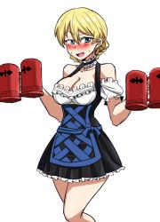 Rule 34 | 1girl, alternate costume, beer mug, black dress, blonde hair, blue eyes, blush, braid, breasts, choker, cleavage, commentary request, cup, darjeeling (girls und panzer), dirndl, dress, embarrassed, frilled choker, frilled dress, frills, german clothes, girls und panzer, half-closed eyes, holding, holding cup, insignia, looking at viewer, medium breasts, mimuni362, mug, open mouth, short dress, short hair, short sleeves, simple background, smile, solo, standing, sweatdrop, twin braids, waitress, white background