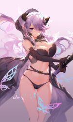 Rule 34 | 1girl, alternate costume, bare shoulders, bikini, black bikini, black gloves, blue eyes, breasts, bug, butterfly, cape, cleavage, commentary request, demon horns, draph, elbow gloves, gloves, gradient background, granblue fantasy, hair over one eye, highres, holding, holding sword, holding weapon, horns, insect, large breasts, light purple hair, long hair, narmaya (granblue fantasy), narmaya (the black butterfly) (granblue fantasy), pointy ears, purple background, purple hair, sleeveless, swd3e2, swimsuit, sword, thighs, very long hair, weapon