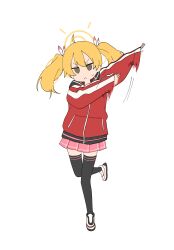 Rule 34 | 1girl, absurdres, arms up, black thighhighs, blonde hair, blue archive, brown eyes, hair ribbon, halo, highres, hood, hood down, hooded jacket, jacket, luke (dydansgur), miniskirt, motion lines, outstretched arm, pink skirt, red jacket, ribbon, shoes, simple background, skirt, sneakers, solo, standing, standing on one leg, sweatdrop, thighhighs, track jacket, twintails, yoshimi (blue archive), zettai ryouiki