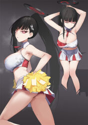 Rule 34 | 1girl, alternate costume, armpits, arms up, ass, bare legs, black hair, blue archive, breasts, cleavage, closed eyes, cosplay, crop top, detached collar, halo, highres, holding, holding pom poms, kumanomi, large breasts, long hair, looking at viewer, millennium cheerleader outfit (blue archive), miniskirt, multiple views, pom pom (cheerleading), pom poms, ponytail, red eyes, rio (blue archive), single sidelock, skirt, sweatdrop, tying hair, very long hair