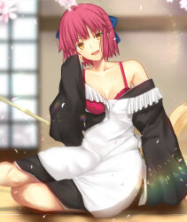 Rule 34 | 1girl, apron, bamboo broom, black kimono, blue bow, blush, bow, bra, breasts, broom, cherry blossoms, collarbone, commentary request, hair bow, half updo, highres, iro (sekaixiro), japanese clothes, kimono, kohaku (tsukihime), looking at viewer, maid, maid apron, medium breasts, off shoulder, open mouth, petals, red bra, red hair, short hair, sitting, sleeves past wrists, smile, solo, tsukihime, underwear, wa maid, white apron, wide sleeves, yellow eyes