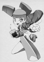Rule 34 | &gt;:d, 1girl, :d, armor, bleedman, cup, digital media player, drinking straw, earphones, grey background, greyscale, jacket, jenny wakeman, kneeling, machinery, monochrome, my life as a teenage robot, on one knee, open mouth, outstretched arm, pointing, robot, short twintails, simple background, smile, solo, twintails, v-shaped eyebrows