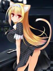 Rule 34 | 1girl, animal ears, ass, bad id, bad pixiv id, black dress, blonde hair, blush, breasts, cat ears, cat tail, chandelier, clothes lift, coffin, dracu-riot!, drawing (object), dress, dress lift, hairband, highres, kyouno komatsu, large breasts, long hair, looking back, nicola cepheus, no panties, polka dot, polka dot dress, red eyes, smile, tail, thighs, unmoving pattern
