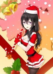 Rule 34 | 1girl, :d, ahoge, ass, bad id, bad pixiv id, beifeng han, bell, belt, black hair, black thighhighs, breasts, candy, candy cane, cleavage, cleavage cutout, clothing cutout, food, gift, gloves, hair between eyes, hat, holding, holding candy, holding candy cane, holding food, holly, long hair, looking at viewer, mistletoe, miyaura sanshio, open mouth, original, purple eyes, red gloves, reindeer, santa hat, silhouette, sleigh, smile, solo, thighhighs, zettai ryouiki