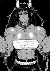 Rule 34 | abs, absurdres, breasts, chained wrists, collar, demon, demon girl, fur, greyscale, highres, horns, monochrome, muscular, muscular female, oni, pointy ears, speedl00ver