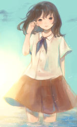 Rule 34 | 1girl, absurdres, black eyes, black hair, blue neckerchief, brown skirt, buttons, closed mouth, collared shirt, crying, crying with eyes open, hand up, highres, light particles, looking at viewer, medium hair, neckerchief, orie h, original, outdoors, partially submerged, pleated skirt, ribbon-trimmed skirt, ribbon trim, shirt, short sleeves, signature, skirt, sky, solo, standing, sun, tears, water, white shirt