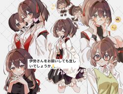 Rule 34 | &gt; &lt;, 1girl, alternate costume, bandaid, bandaid on face, bandaid on nose, bespectacled, blush, breasts, brown hair, character doll, chinese commentary, closed eyes, collared shirt, commentary request, double v, emoji, frills, glasses, hair between eyes, hair ribbon, heart, highres, hyuuga (kancolle), interlocked fingers, ise (kancolle), ise kai ni (kancolle), japanese clothes, kantai collection, kazeshio, medium breasts, multiple views, nontraditional miko, one eye closed, open mouth, ponytail, red eyes, red ribbon, ribbon, shirt, simple background, thank you, v, white shirt, wide sleeves
