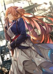 Rule 34 | 1girl, american flag, bayonet, blazer, blurry, blurry background, blush, bolt action, breasts, brown hair, closed mouth, dress, floating hair, from side, girls&#039; frontline, gloves, green eyes, gun, hair between eyes, hair ribbon, hair rings, highres, holding, holding gun, holding weapon, jacket, kaerunoko, large breasts, long hair, long sleeves, looking afar, m1903 springfield, outdoors, ribbon, rifle, shirt, sidelocks, skirt, smile, solo, springfield (girls&#039; frontline), sword, weapon, white dress, wind, wind lift