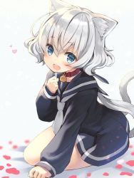 Rule 34 | 1girl, animal ears, bell, blue eyes, blush, cat ears, collar, commentary request, dot nose, hair between eyes, hair ornament, hair ribbon, hand on ground, heart, kneeling, konno junko, long hair, long sleeves, looking at viewer, neck bell, open mouth, osa (osaosa), pink collar, ribbon, school uniform, simple background, solo, teeth, upper teeth only, white background, zombie land saga