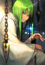 Rule 34 | 1boy, blurry, blurry background, blurry foreground, depth of field, enkidu (fate), fate/strange fake, fate (series), from side, glint, green eyes, green hair, hooded robe, hungry clicker, leaning forward, long hair, long sleeves, looking at viewer, looking to the side, male focus, parted lips, robe, smile, solo, white robe