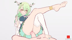Rule 34 | anklet, arm support, barefoot, blush, braid, ceres fauna, crossed legs, dr-alu, dress, eye contact, feet, girl on top, green hair, hololive, hololive english, horns, jewelry, leaning back, legs up, looking at another, nail polish, pov, sex, single braid, single thighhigh, smile, thighhighs, toeless legwear, toenail polish, toenails, vaginal, virtual youtuber, watermark, white background, yellow eyes