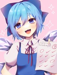 Rule 34 | 1girl, :3, :d, absurdres, arm up, black hair, blue bow, blue dress, blue eyes, blush, bow, breasts, circled 9, cirno, collared shirt, commentary request, dress, eyelashes, hair between eyes, hair bow, happy, head tilt, highres, holding, holding paper, ice, ice wings, niningani ww, open mouth, paper, pinafore dress, pink background, red neckwear, red ribbon, ribbon, shirt, short hair, simple background, sleeveless, sleeveless dress, small breasts, smile, solo, sparkle, standing, academic test, test score, tongue, touhou, white shirt, wing collar, wings