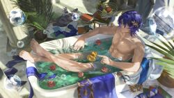 Rule 34 | 1boy, abs, bathing, bathtub, blue hair, book, bubble, closed mouth, clothes, completely nude, crossed ankles, day, dr. ratio (honkai: star rail), feet, food, fruit, highres, honkai: star rail, honkai (series), indoors, male focus, no nipples, nude, pectorals, plant, pointing, rubber duck, solo, toes, vase, yaoyaobae, yellow eyes