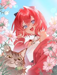 Rule 34 | 1girl, absurdres, ange katrina, ange katrina (1st costume), blue eyes, cat, chilcy35, flower, hair intakes, highres, jacket, nijisanji, open clothes, open jacket, open mouth, pink flower, red hair, red jacket, short hair, smile, solo, virtual youtuber