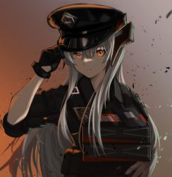 Rule 34 | 1girl, absurdres, adjusting clothes, adjusting headwear, arknights, black gloves, black hat, black shirt, bulletproof vest, collared shirt, commentary request, cuffs, dragon horns, eyes visible through hair, gloves, gradient background, grey background, grey hair, hand on own hip, handcuffs, hat, highres, horns, id card, jewelry, looking at viewer, official alternate costume, orange background, orange eyes, parted lips, police, police hat, police uniform, saria (arknights), saria (the law) (arknights), shirt, single glove, sleeves rolled up, solo, suzutaro, uniform, upper body, walkie-talkie