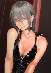 Rule 34 | 1girl, bare shoulders, blue eyes, breasts squeezed together, breasts, cleavage, closed mouth, grey hair, hair between eyes, kilye kairi, latex, looking at viewer, medium breasts, mole, mole under eye, original, smile, solo, upper body