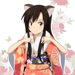 Rule 34 | 1girl, alternate costume, animal ears, black hair, brooch, brown eyes, bug, butterfly, camellia print, cato (monocatienus), cherry blossoms, chrysanthemum, chrysanthemum print, floral background, floral print, flower, imaizumi kagerou, insect, japanese clothes, jewelry, kimono, long hair, long sleeves, obi, peony print, red eyes, sash, sidelocks, smile, solo, touhou, werewolf, wide sleeves, wolf ears