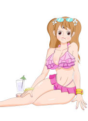 Rule 34 | 1girl, absurdres, artist request, bikini, blush, breasts, brown hair, charlotte pudding, curvy, hands on own hips, highleg, highleg swimsuit, highres, large breasts, long hair, looking at viewer, official alternate costume, one piece, one piece: treasure cruise, shiny skin, sitting, swimsuit, thighs, thong, thong bikini, tsundere, twintails
