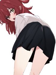Rule 34 | 1girl, bent over, black skirt, blush, bocchi the rock!, commentary request, from behind, green eyes, highres, kita ikuyo, leaning forward, long hair, looking at viewer, looking back, medium hair, miniskirt, open mouth, red hair, shirt, simple background, skirt, solo, thighs, ukitaryu, upper body, white background, white shirt