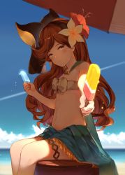 Rule 34 | 10s, 1girl, bad id, bad twitter id, bandeau, bare shoulders, beach, bikini, black bow, blush, bow, breasts, brown hair, closed mouth, day, flower, food, granblue fantasy, hair bow, hair flower, hair ornament, hairband, hana mori, hibiscus, holding, holding food, horizon, incoming food, legs together, light smile, long hair, looking at viewer, mole, mole under eye, ocean, outdoors, outstretched arm, popsicle, red flower, sara (granblue fantasy), sarong, sitting, small breasts, solo, swept bangs, swimsuit, umbrella, white flower