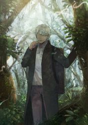 Rule 34 | 1boy, aoki (fumomo), black coat, brown pants, cigarette, coat, commentary request, day, forest, ginko, hair ornament, highres, looking at viewer, male focus, mushishi, nature, open clothes, open coat, outdoors, pants, shirt, silver hair, smoke, smoking, solo, standing, white shirt