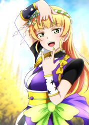 Rule 34 | 1girl, absurdres, arms up, blonde hair, blunt bangs, breasts, chance day chance way!, commentary request, green eyes, green nails, heanna sumire, highres, japanese clothes, light blush, long hair, looking at viewer, love live!, love live! superstar!!, medium breasts, nail polish, noochan chonoda, open mouth, signature, smile, solo, teeth, upper body, upper teeth only