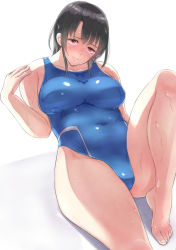 Rule 34 | 10s, 1girl, bare shoulders, barefoot, bifidus, black hair, blush, breasts, competition swimsuit, covered navel, curvy, feet, kantai collection, large breasts, light smile, long hair, looking at viewer, lying, on back, one-piece swimsuit, parted lips, plump, red eyes, short hair, smile, solo, swimsuit, takao (kancolle), thighs, toes, wet, wet clothes, wide hips