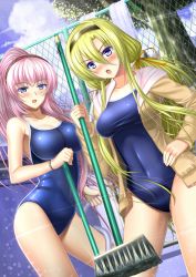 Rule 34 | 2girls, bad id, bad pixiv id, blonde hair, blue eyes, broom, cleaning brush, competition school swimsuit, hood, hooded jacket, hoodie, jacket, lily (vocaloid), long hair, megurine luka, multiple girls, one-piece swimsuit, open clothes, open hoodie, parka, pink hair, ponytail, purple eyes, school swimsuit, shibata rai, swimsuit, twintails, vocaloid