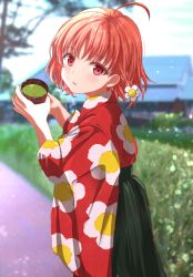 Rule 34 | 1girl, 243 athha, artist name, artist request, athha, blue sky, blush, cloud, cup, female focus, flower, flower print, green hakama, hakama, hakama skirt, highres, holding, holding cup, japanese clothes, kimono, looking at viewer, looking back, love live!, love live! sunshine!!, orange hair, outdoors, red eyes, red kimono, short hair, skirt, sky, smile, solo, takami chika, white flower