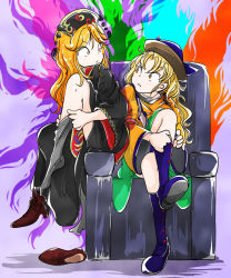 Rule 34 | 2girls, black dress, blonde hair, chair, chinese clothes, dress, dressing, expressionless, eye contact, junko (touhou), knee to chest, long hair, looking at another, matara okina, multicolored background, multiple girls, orange dress, parted lips, pink eyes, putting on boots, rochika gekijou, unworn shoe, shoes, unworn shoes, single shoe, sitting, sketch, sock pull, touhou, yellow eyes