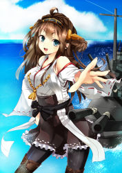 Rule 34 | &gt;:d, 10s, 1girl, :d, abusoru, ahoge, alternate legwear, bare shoulders, blush, boots, brown hair, detached sleeves, double bun, frilled skirt, frills, hair ornament, hairband, headgear, japanese clothes, kantai collection, kongou (kancolle), long hair, nontraditional miko, open mouth, outstretched arm, outstretched hand, pantyhose, personification, pleated skirt, ribbon-trimmed sleeves, ribbon trim, skirt, smile, solo, thigh boots, thighhighs, thighhighs over pantyhose, v-shaped eyebrows