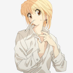Rule 34 | 16 ban, 1boy, blonde hair, blue footwear, bob cut, collared shirt, earrings, grey background, hands up, hunter x hunter, jewelry, kurapika, long sleeves, looking at viewer, lowres, male focus, mouth hold, shirt, short hair, sideways glance, simple background, solo, sweatdrop, toothbrush in mouth, upper body, v, white shirt