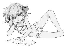 Rule 34 | 1girl, :t, bare arms, bare legs, blush, book, bow, bra, closed mouth, frilled bra, frilled panties, frills, greyscale, groin, hair bow, hand on own cheek, hand on own face, lying, monochrome, navel, on side, open book, panties, reading, rumia, shamo (koumakantv), short hair, simple background, solo, touhou, underwear, underwear only, white background