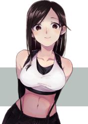 Rule 34 | 1girl, arms behind back, belt, breasts, brown eyes, collarbone, crop top, earrings, final fantasy, final fantasy vii, final fantasy vii remake, io naomichi, jewelry, long hair, simple background, smile, solo, square enix, stomach, suspenders, tank top, tifa lockhart, undershirt, upper body, white background