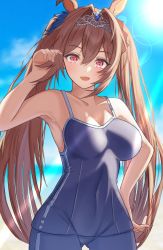 Rule 34 | 1girl, animal ears, bare shoulders, blue one-piece swimsuit, blurry, blurry background, blush, breasts, brown hair, cleavage, cloud, covered navel, daiwa scarlet (umamusume), fang, gluteal fold, hair intakes, hand in own hair, hand on own hip, hand up, highres, horse ears, lens flare, lips, long hair, looking at viewer, medium breasts, one-piece swimsuit, open mouth, outdoors, red eyes, school swimsuit, skin fang, smile, solo, sun, swimsuit, tiara, twintails, umamusume, yoshitaka (eriri takadess)