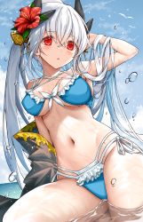 Rule 34 | 1girl, arm up, armpits, bikini, blue bikini, blue sky, blush, breasts, chinese commentary, cleavage, commentary request, day, fate/grand order, fate (series), flower, frilled bikini, frills, front-tie bikini top, front-tie top, hair between eyes, hair flower, hair ornament, hand in own hair, hibiscus, highres, horns, kiyohime (fate), kiyohime (fate/grand order), kiyohime (swimsuit lancer) (fate), kiyohime (swimsuit lancer) (third ascension) (fate), layered bikini, long hair, looking at viewer, medium breasts, morizono shiki, navel, outdoors, red eyes, red flower, ribbon, shallow water, side-tie bikini bottom, silver hair, sitting, sky, solo, stomach, swimsuit, thighs, very long hair, water, water drop, wet, white ribbon