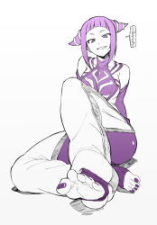 Rule 34 | 1girl, baggy pants, bare shoulders, barefoot, breasts, capcom, chinese clothes, detached sleeves, drill hair, dudou, evil grin, evil smile, feet, female focus, foot focus, full body, grin, halterneck, han juri, heart, looking at viewer, makinaru, medium breasts, monochrome, nail polish, pants, purple eyes, purple hair, purple nails, purple theme, short hair, sideboob, simple background, sitting, smile, solo, speech bubble, spoken heart, spot color, stirrup legwear, street fighter, teeth, text focus, toeless legwear, toenail polish, toenails, toes, translated, twin drills, white background