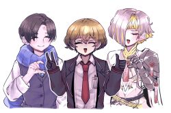 Rule 34 | 2boys, black hair, blonde hair, blue scarf, closed eyes, closed mouth, demian (project moon), formal, gauntlets, hair over one eye, heart hands failure, highres, kromer (project moon), limbus company, multicolored hair, multiple boys, neckerchief, necktie, njaja kanja, open mouth, project moon, red necktie, scarf, shirt, short hair, simple background, sinclair (project moon), single gauntlet, smile, suit, thumbs up, upper body, v, vest, white background, white hair, white shirt